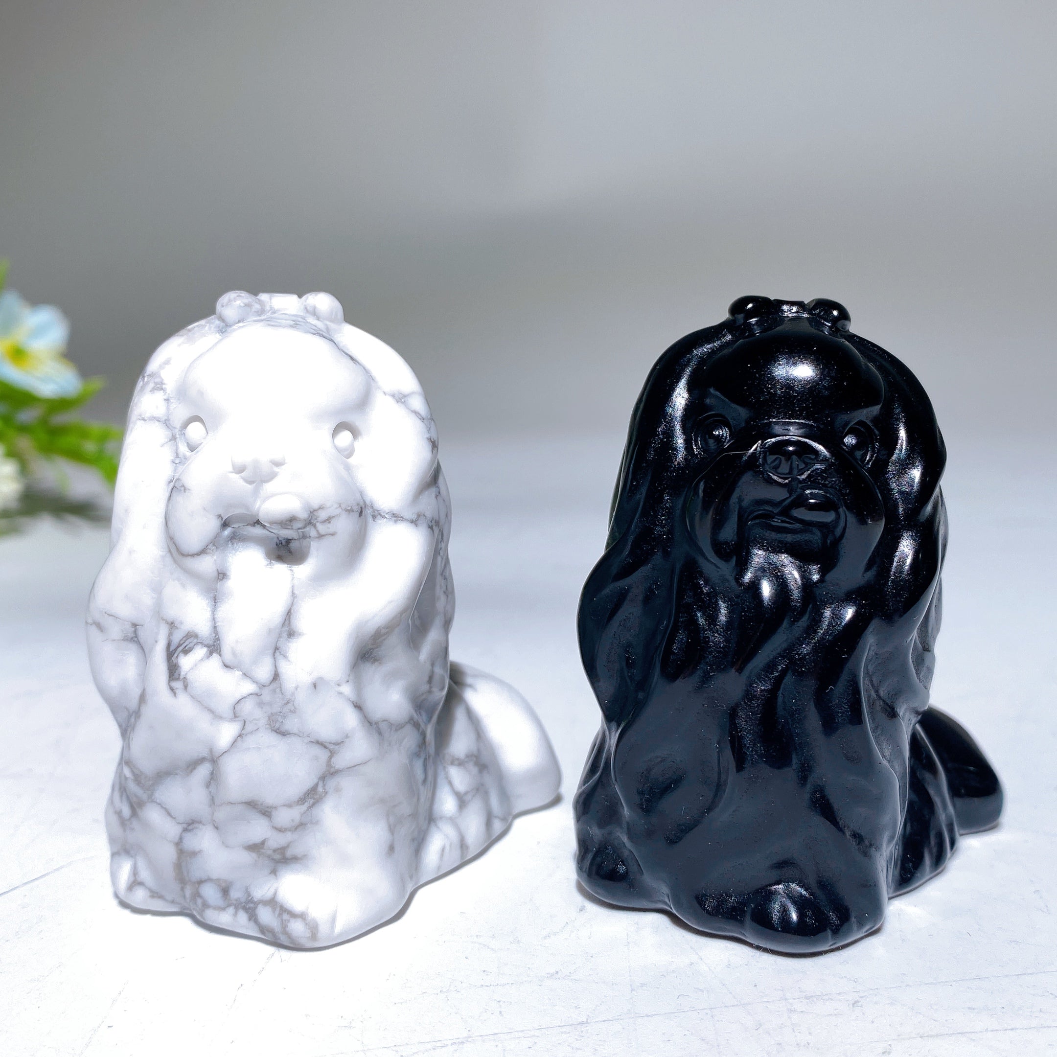 2.1" Howlite & Black Obsidian Healing Crystal Dog Figurines