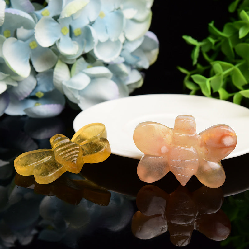 2.1 inch Yellow Fluorite & Flower Agate Bee Crystal Carvings