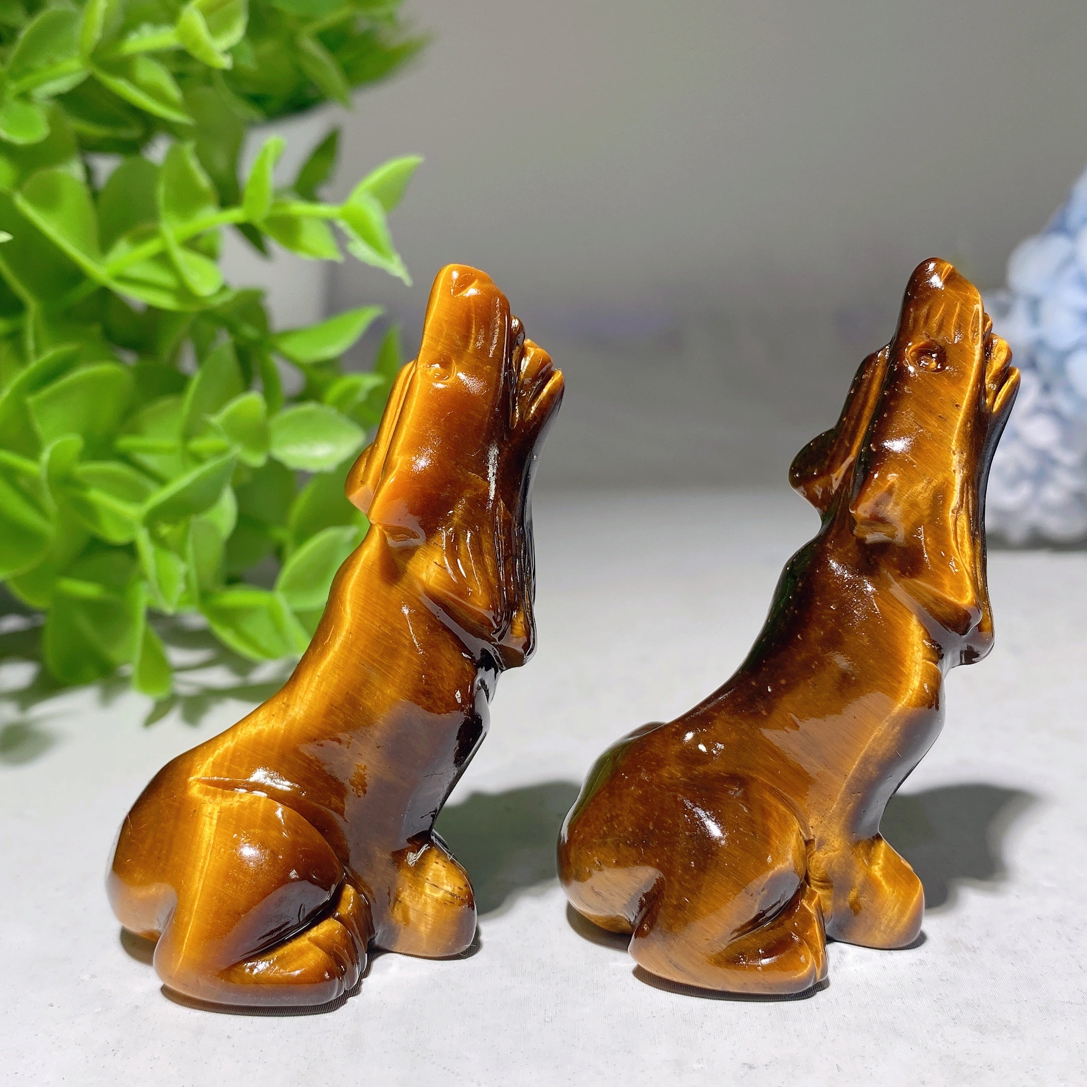 Sculpture en cristal de loup en œil de tigre jaune et labradorite de 2,2 pouces