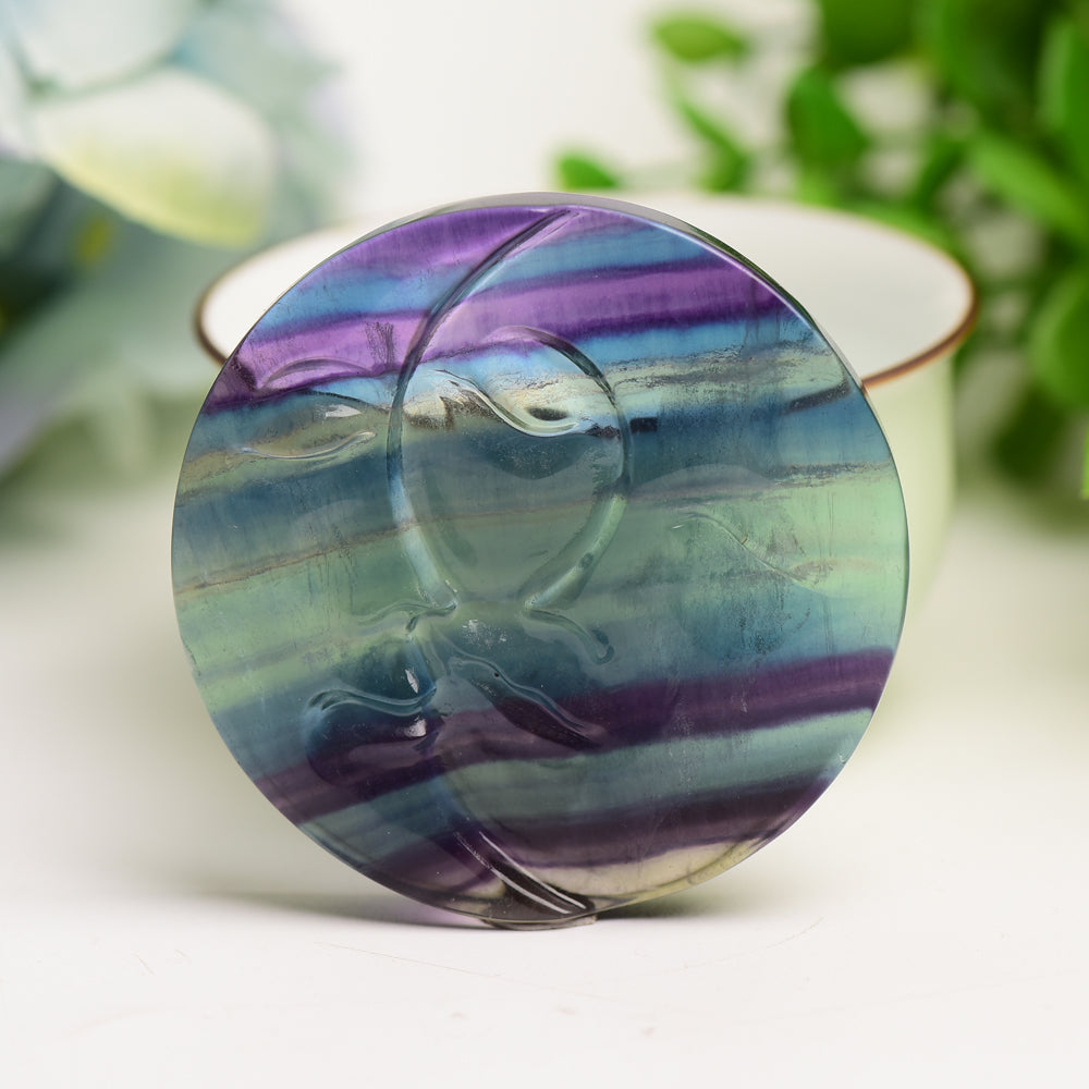 2.2" Rainbow Fluorite Sun Moon Face Crystal Carving Figurine