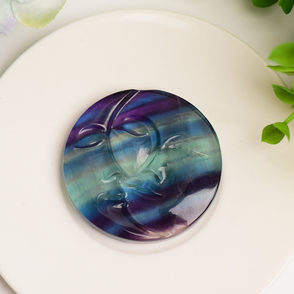 2.2" Rainbow Fluorite Sun Moon Face Crystal Carving Figurine