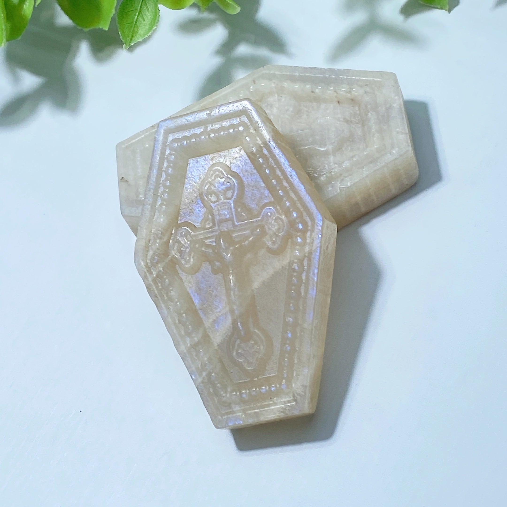 2.27 inch Peach Moonstone Coffin Crystal Carving