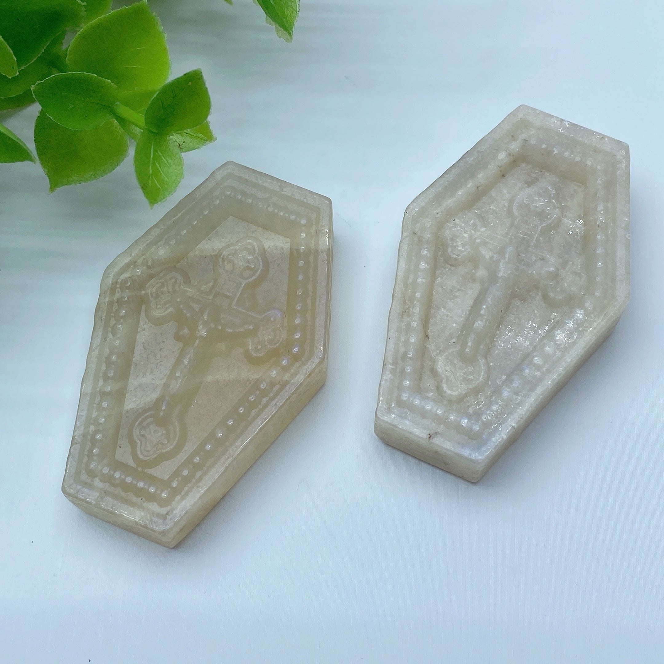 2.27 inch Peach Moonstone Coffin Crystal Carving