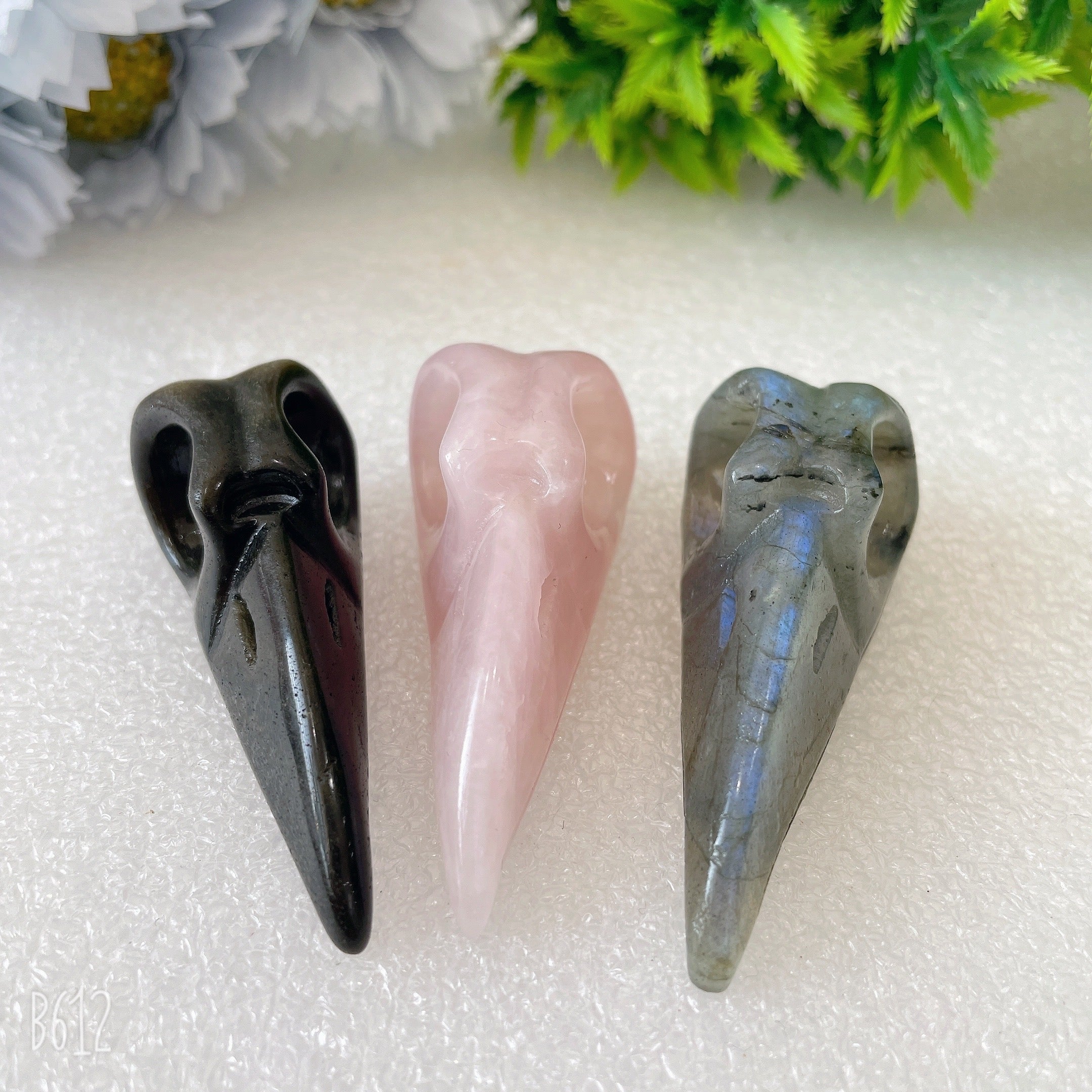 2.3-2.5 Inch Crystal Bird Skull Carvings in Obsidian, Quartz, Labradorite