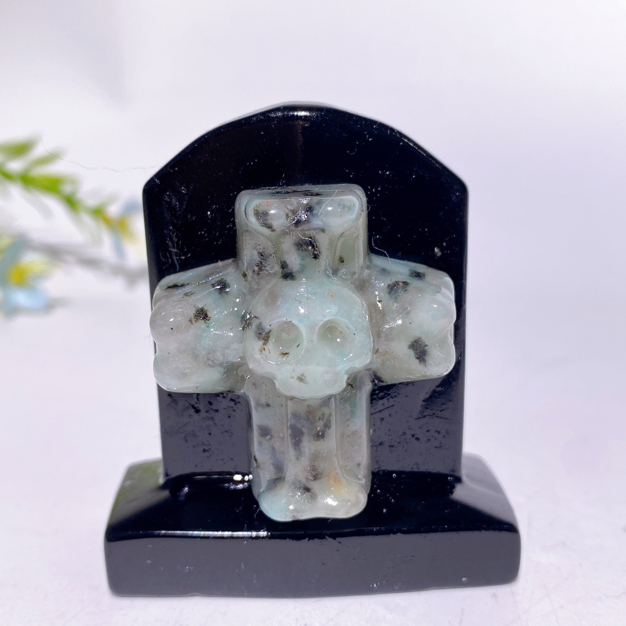 2.3-inch Black Obsidian Tombstone Crystal Figurine with Cross Skull