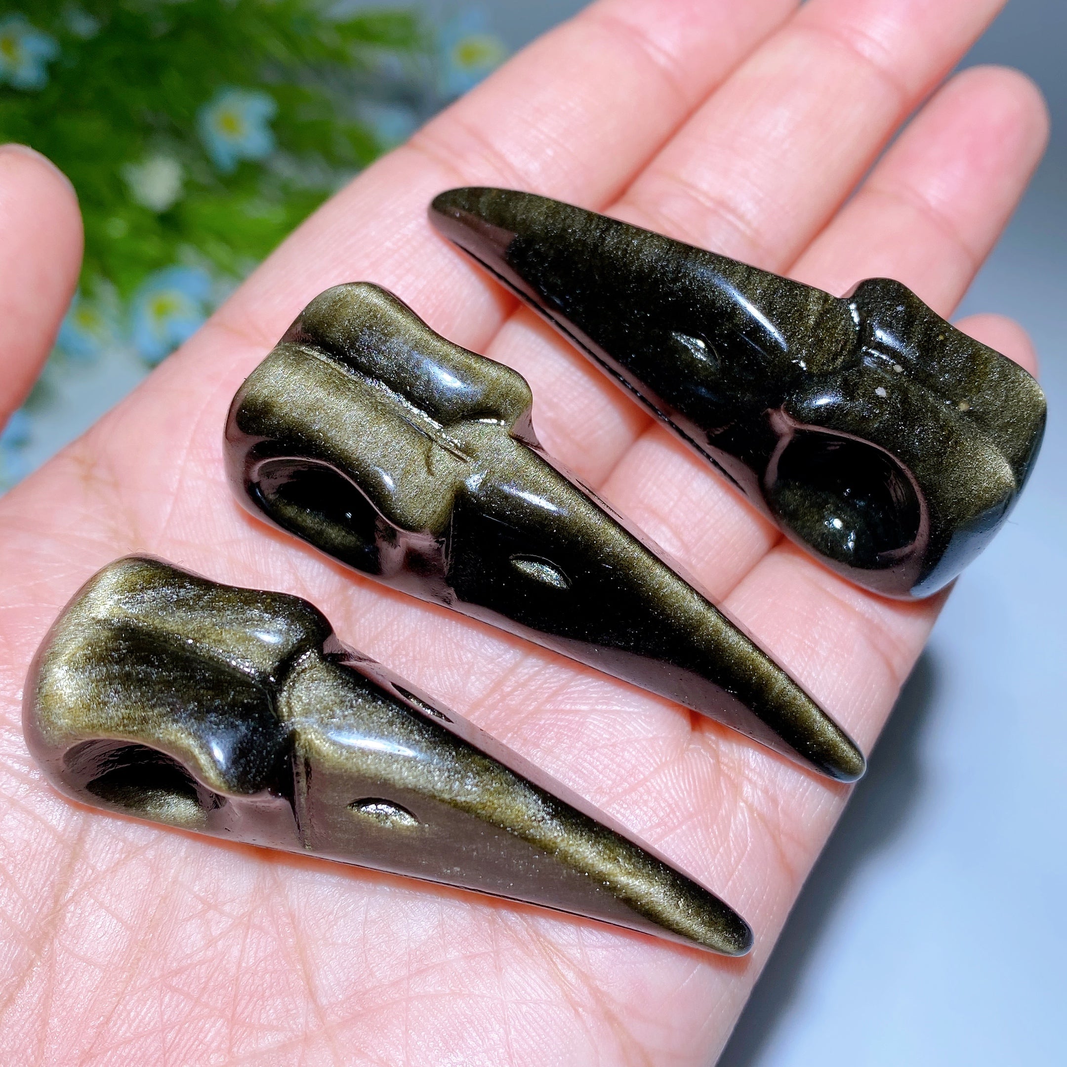 2.3 Inch Golden Obsidian Raven Skull Crystal Carving