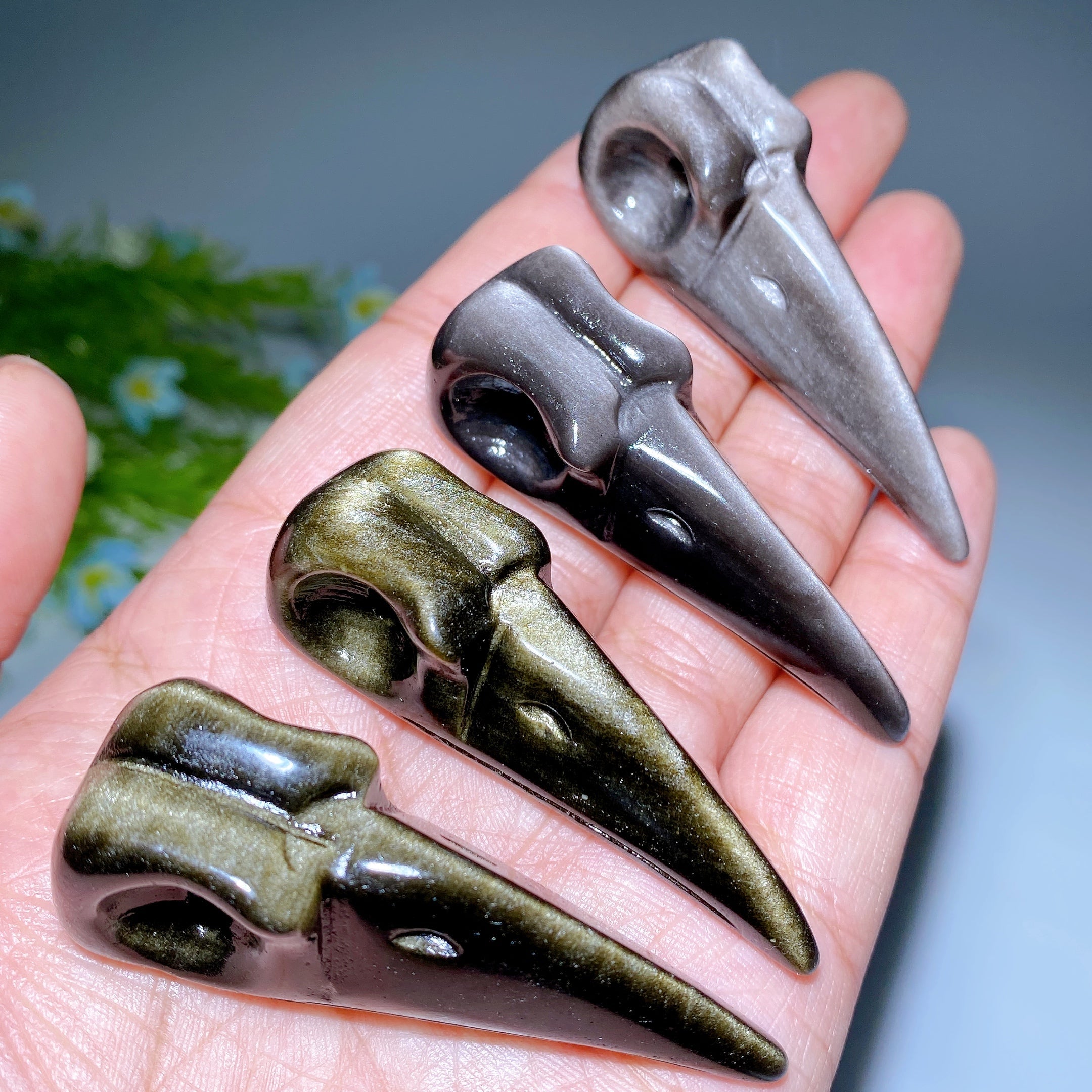 2.3 Inch Golden Obsidian Raven Skull Crystal Carving
