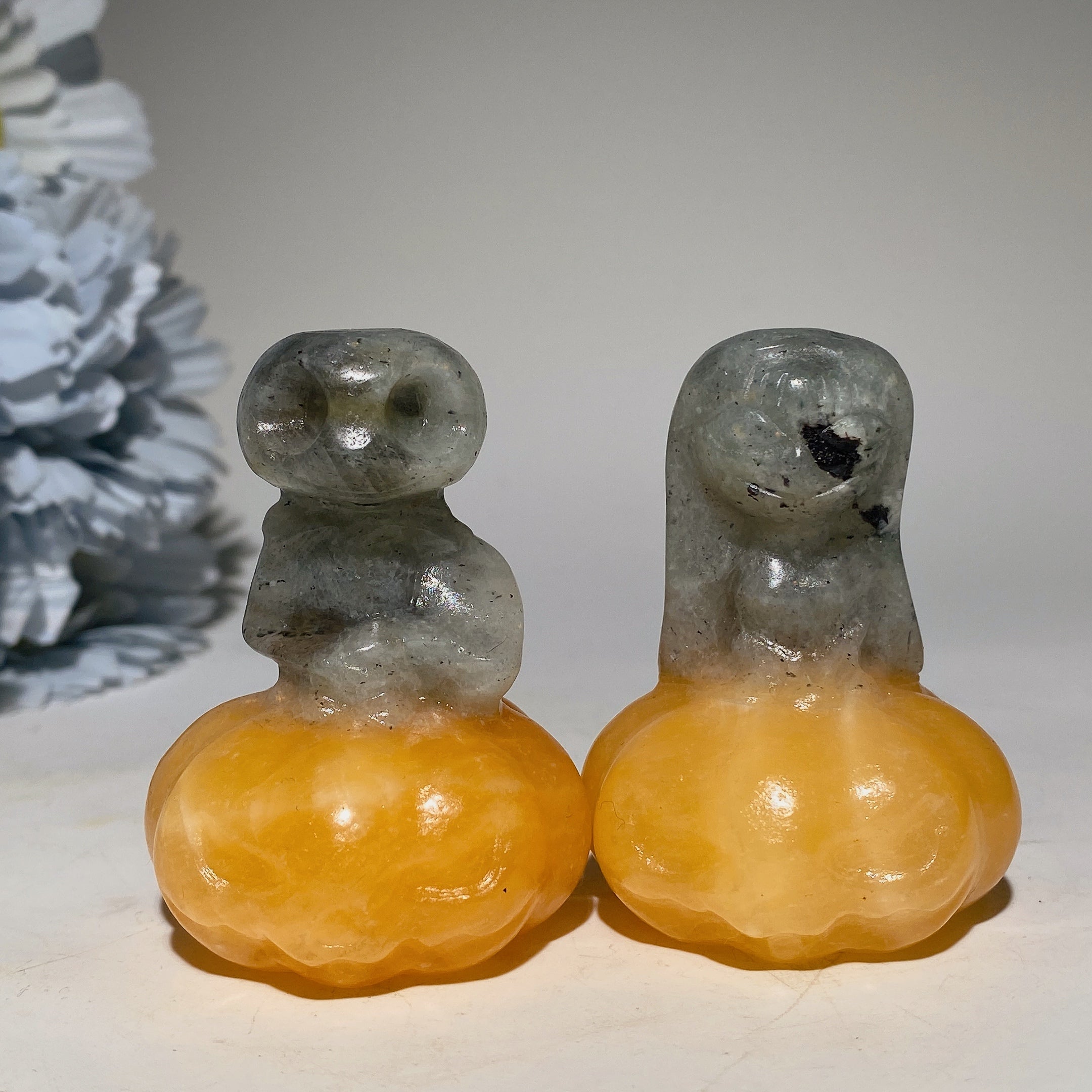 2.3-inch Jack Sally Crystal Figurines with Orange Calcite Pumpkin
