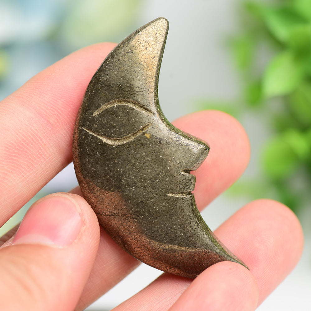 2.4 Inch Pyrite Moon Face Crystal Figurine Carving