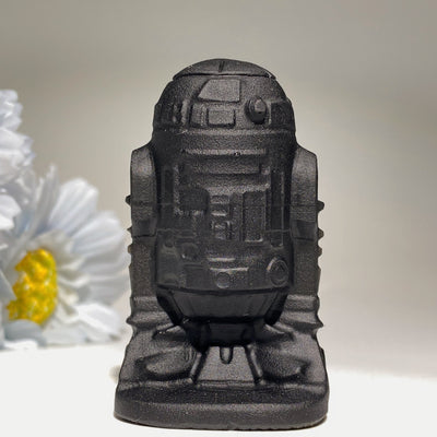 Figurine sculptée en cristal d'obsidienne noire R2D2 de 2,5 pouces
