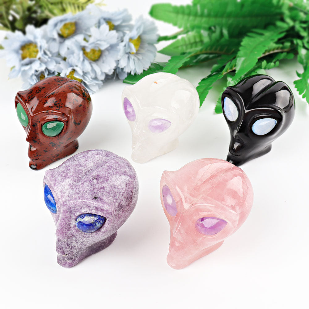 2.5 inch Crystal Alien Skull Carving in Rose Quartz & More