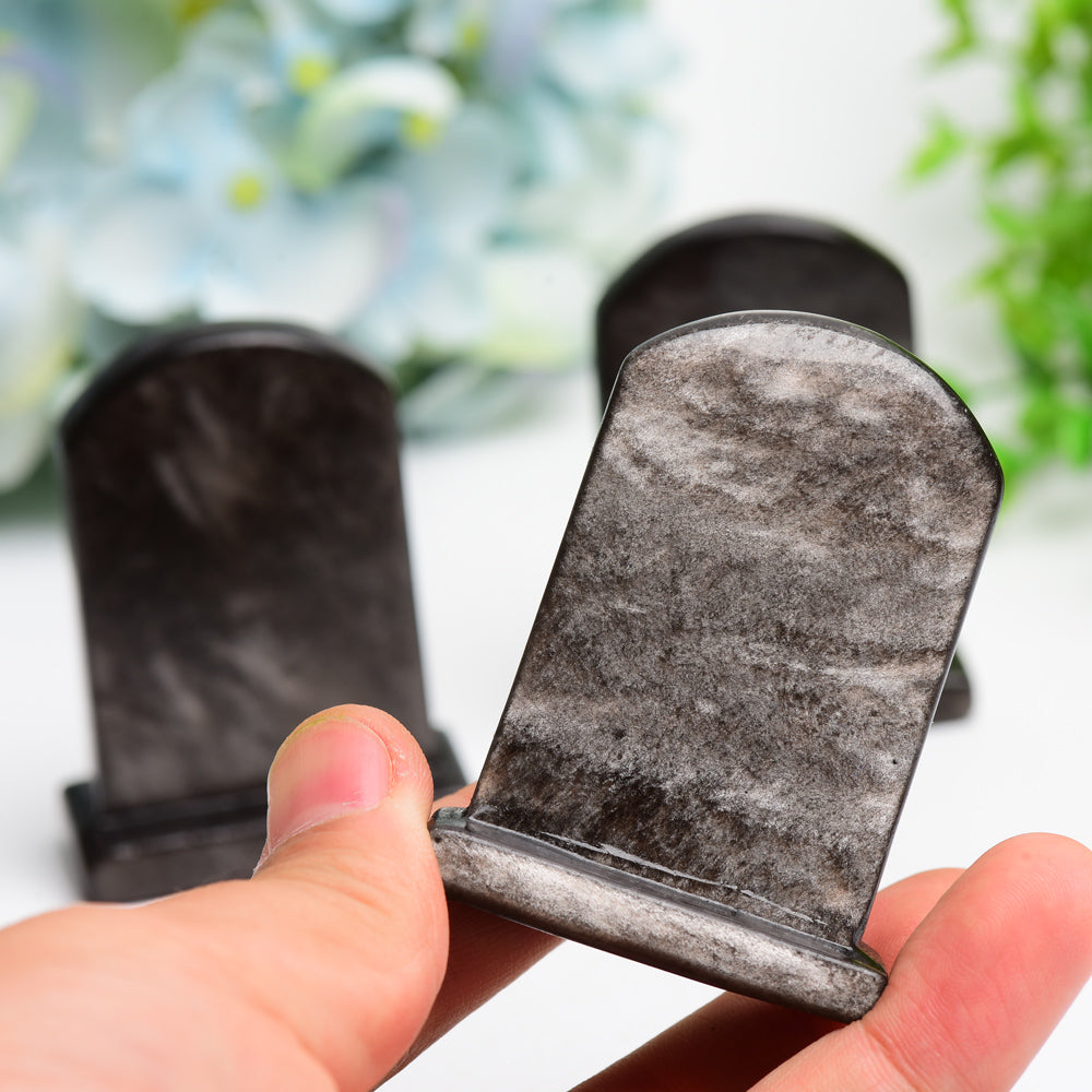 2.5 inch Silver Obsidian Crystal Tombstone Figurine
