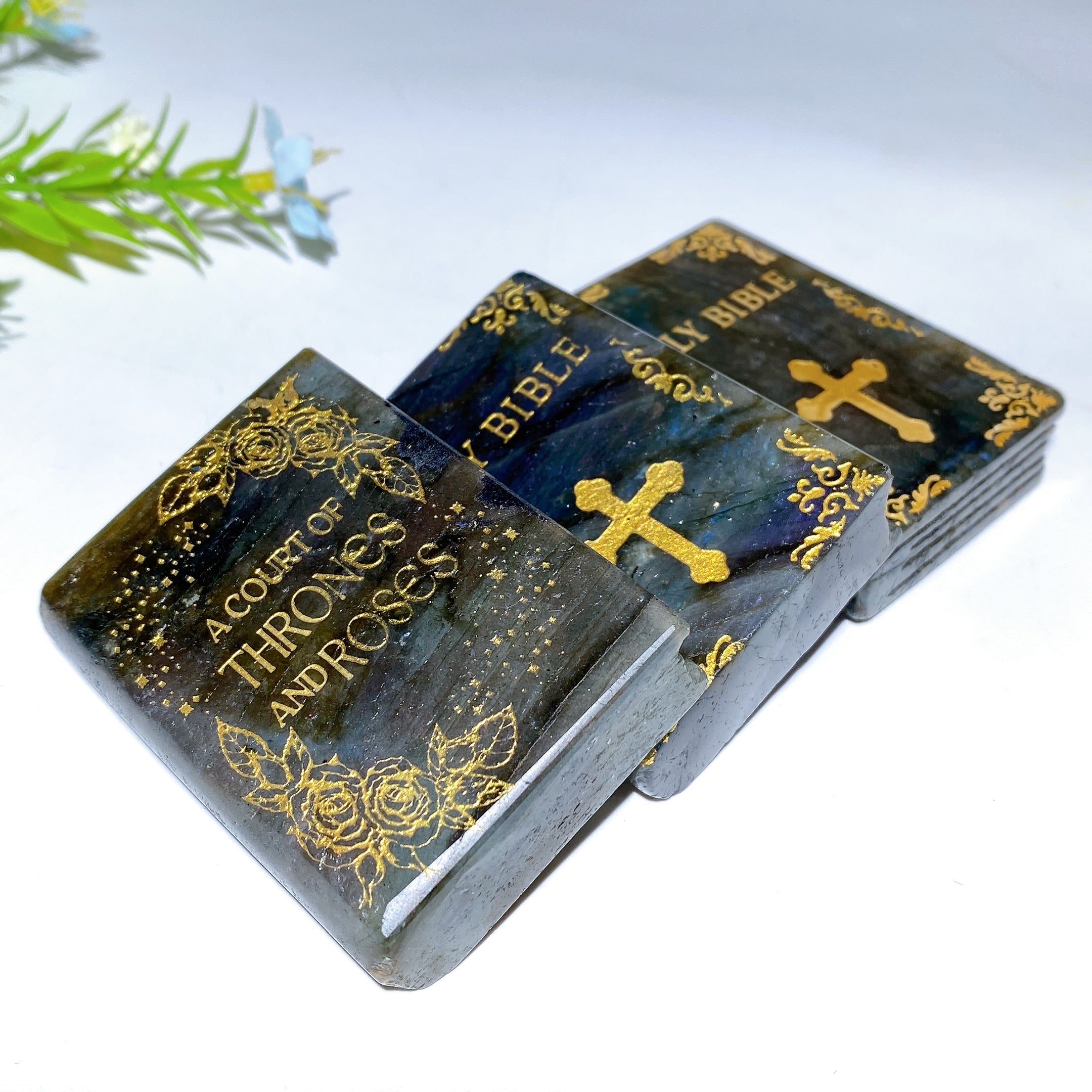 2.5" Labradorite Crystal Holy Bible Carving Figurine Healing 120g