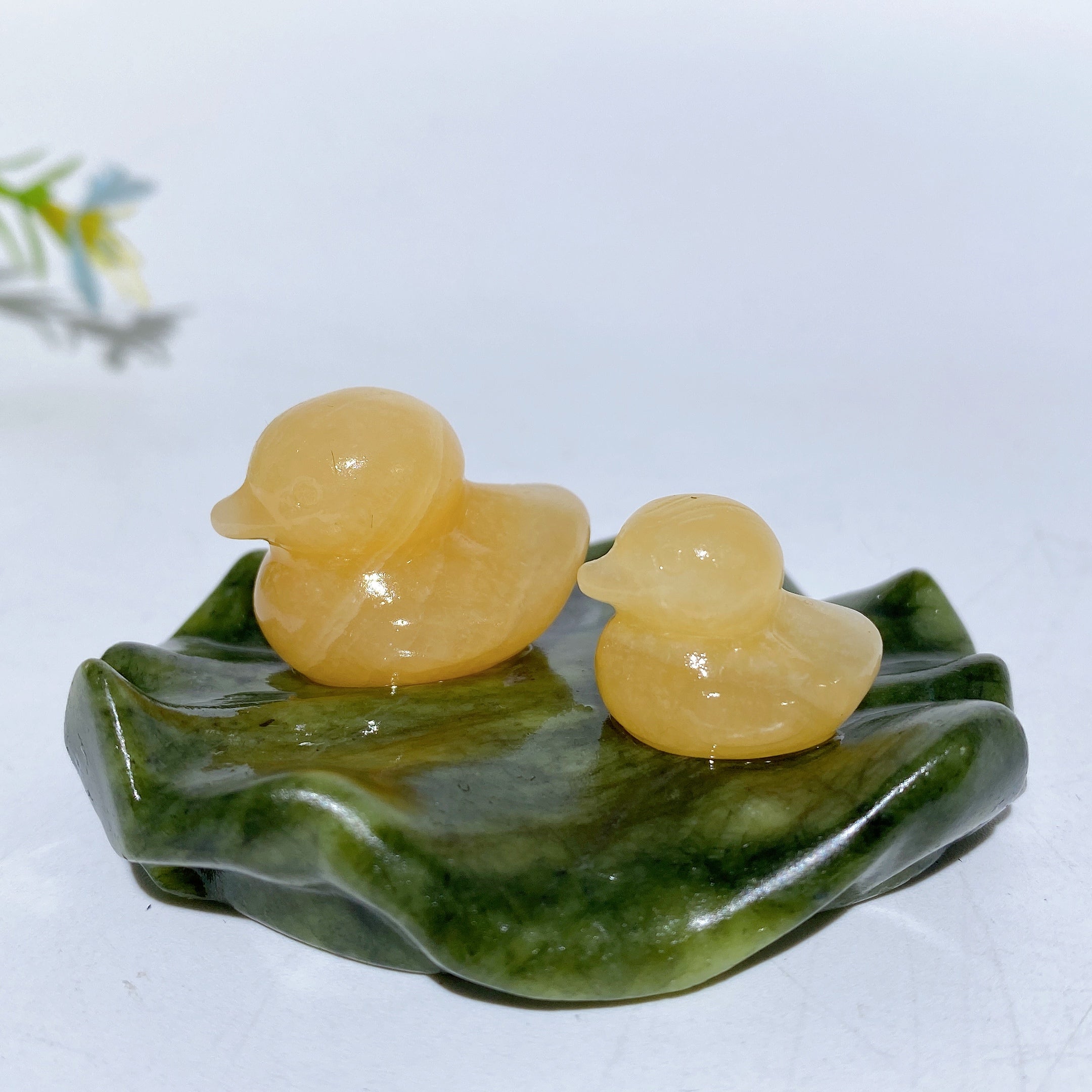 2.7 Inch Orange Calcite Crystal Ducks on Lotus Leaf Figurine