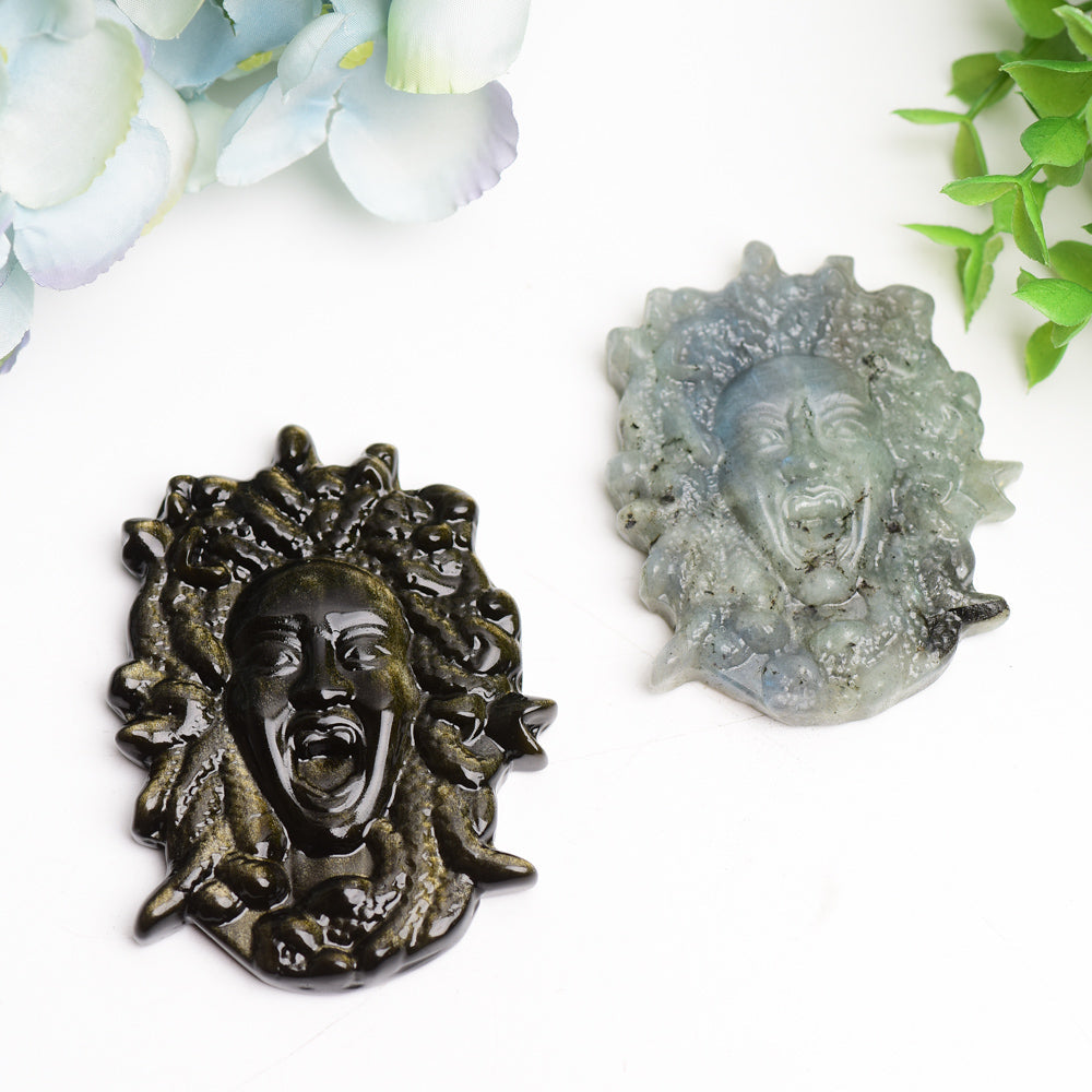 Figurines de Méduse en cristal de labradorite et d'obsidienne dorée de 2,8 à 3,3 pouces