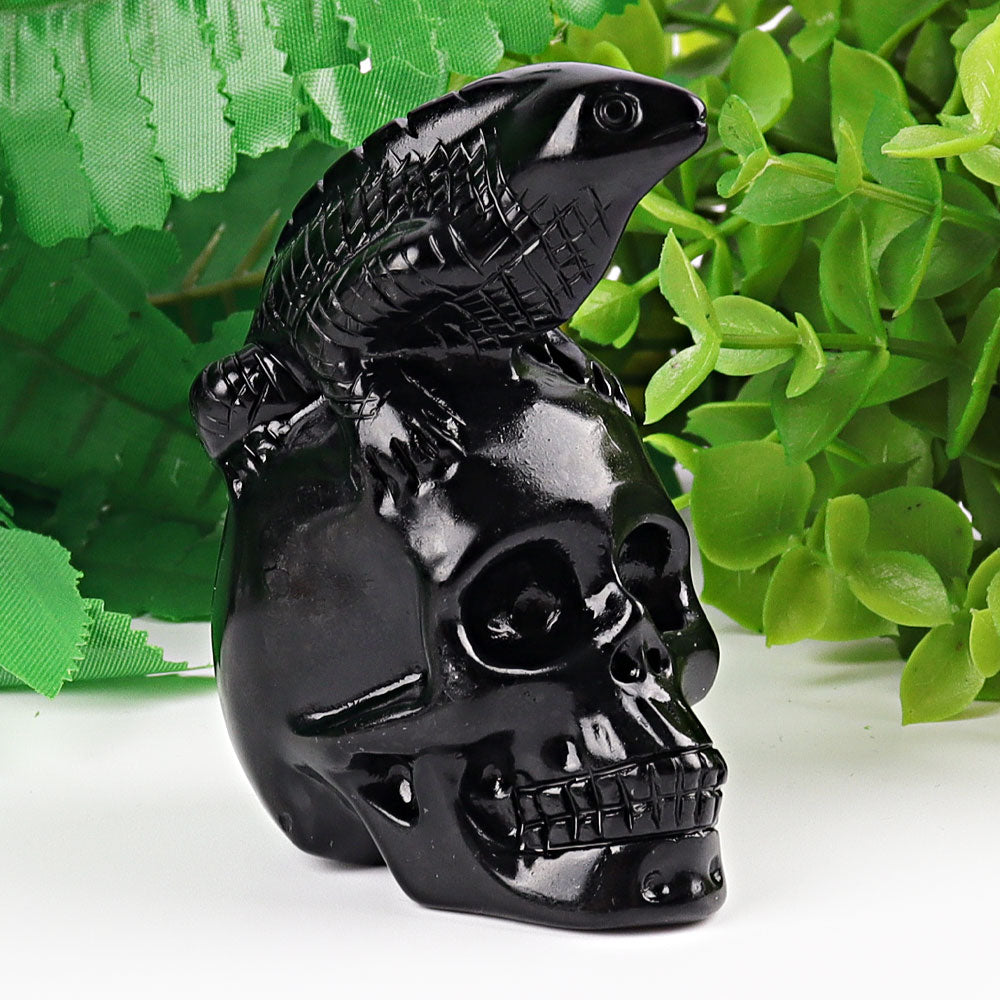 2.8 Inch Black Obsidian Crystal Skull Carving with Lizard