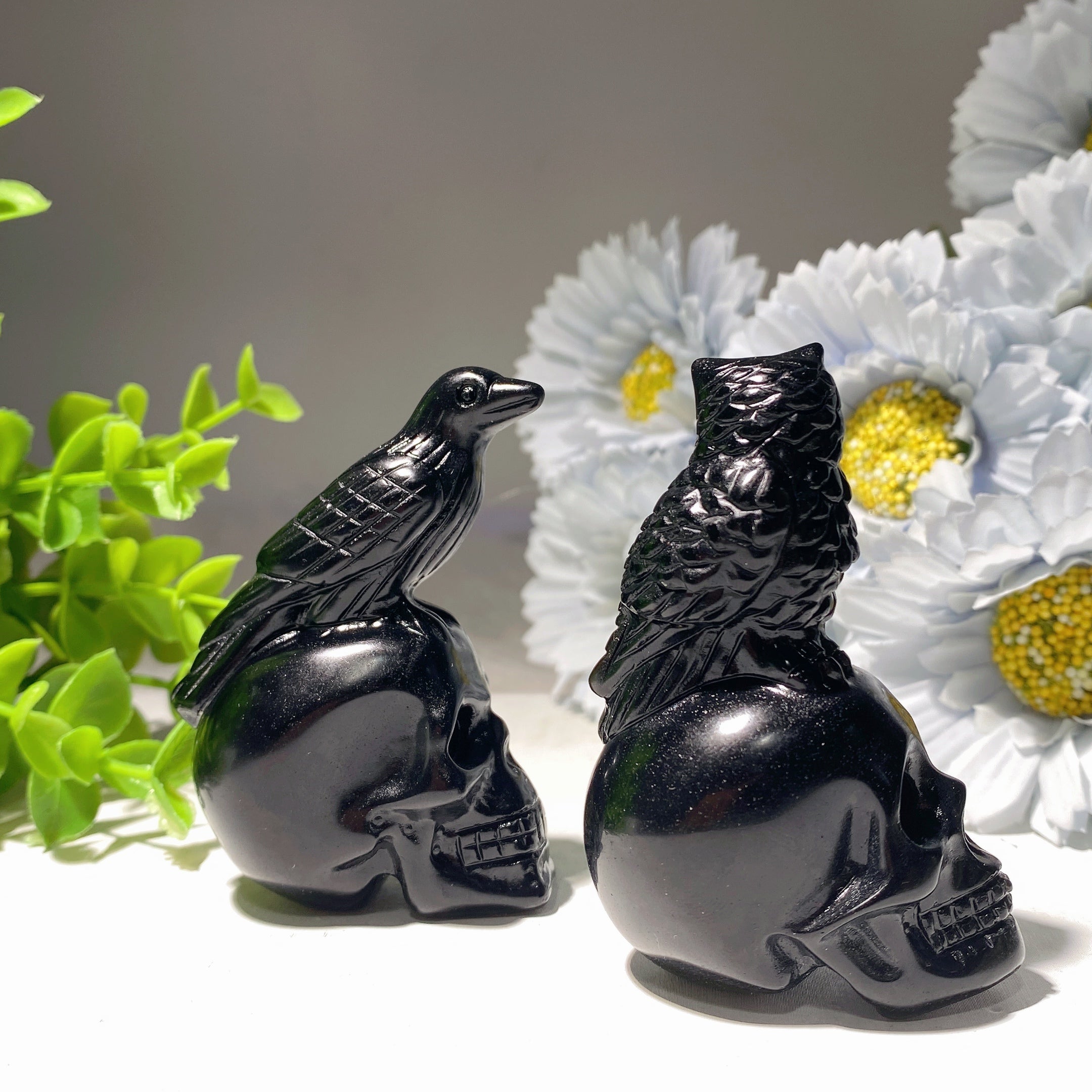 2.8 inch Black Obsidian Skull with Raven or Owl Carvings