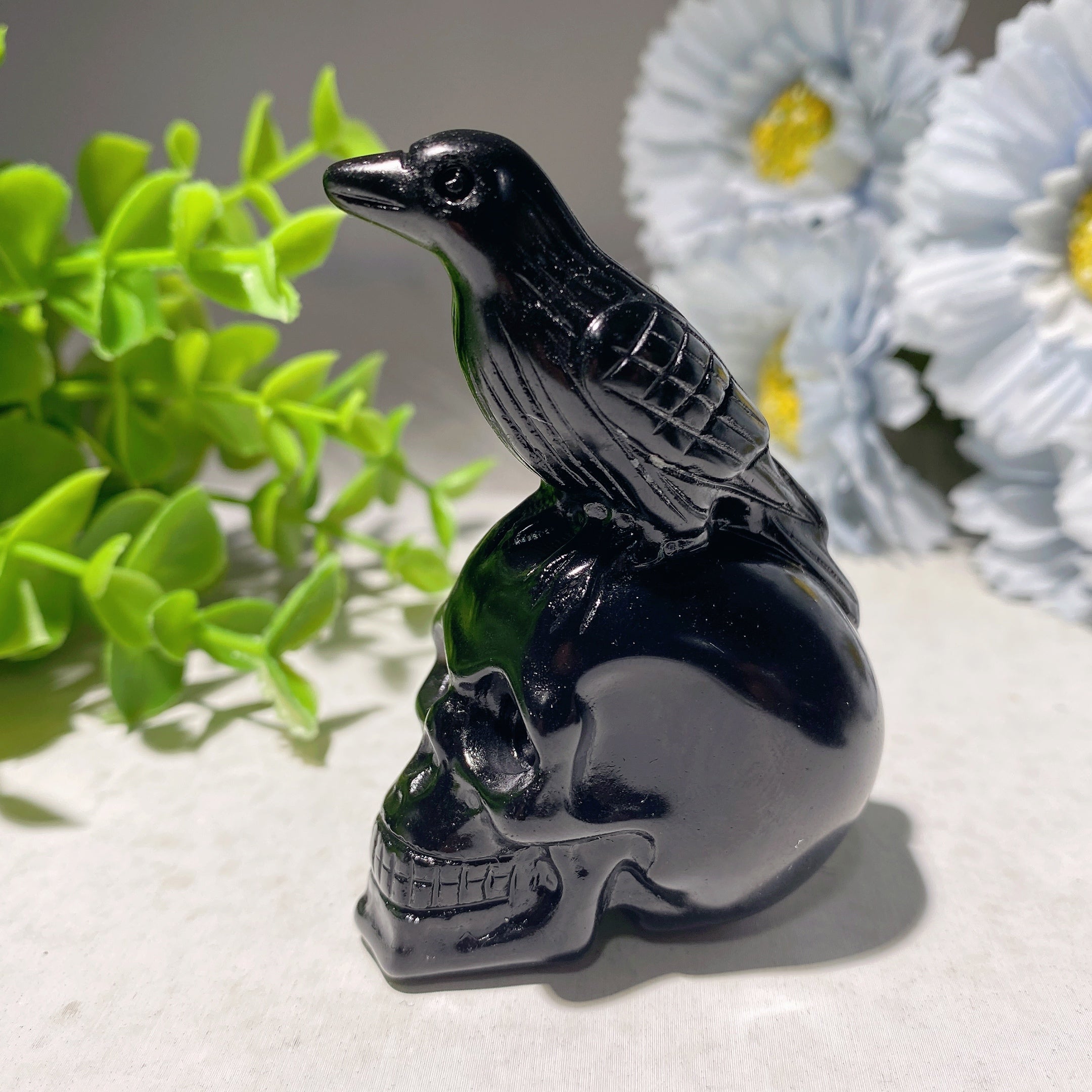 2.8 inch Black Obsidian Skull with Raven or Owl Carvings