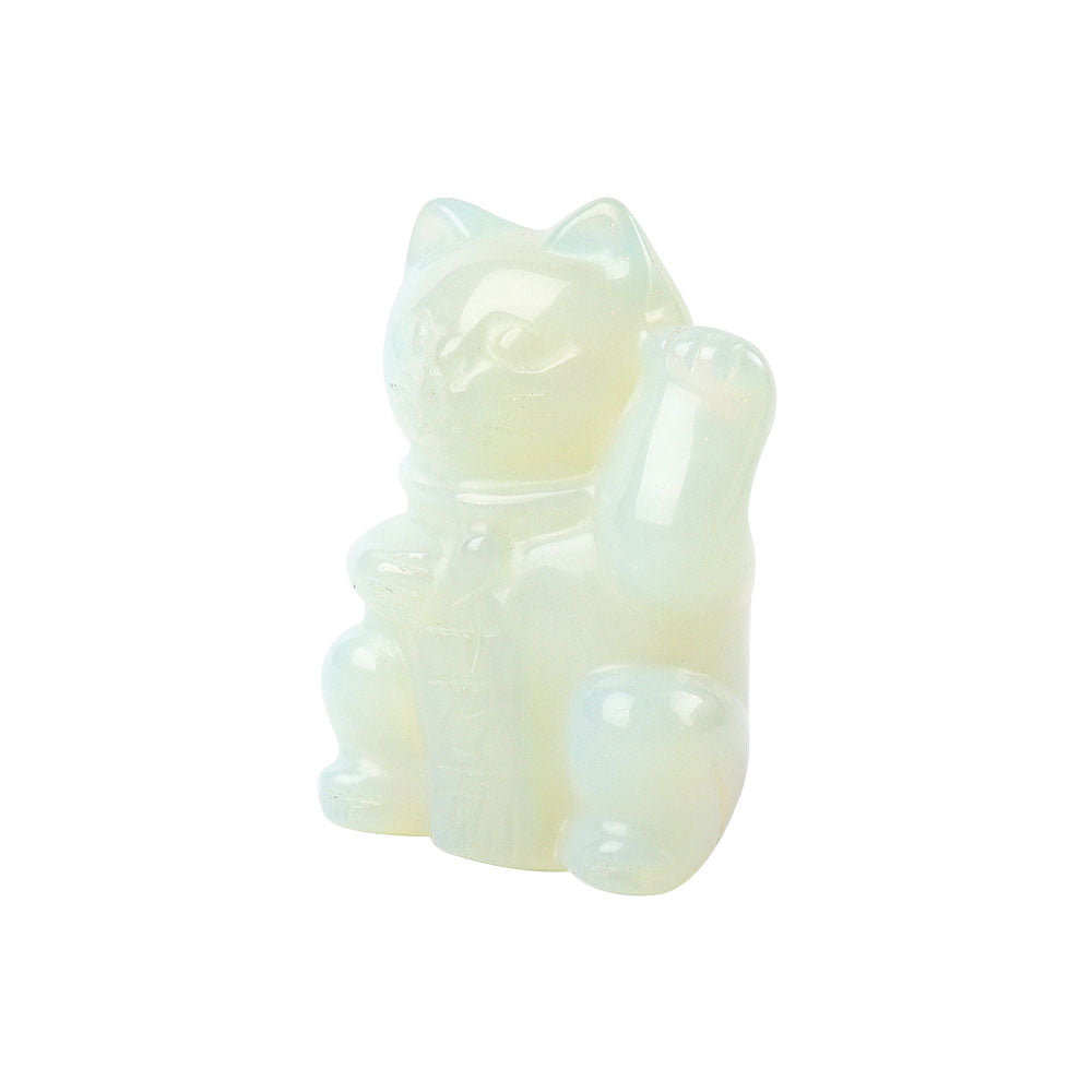 Figurine de chat porte-bonheur sculptée en cristal d'opalite de 2 pouces