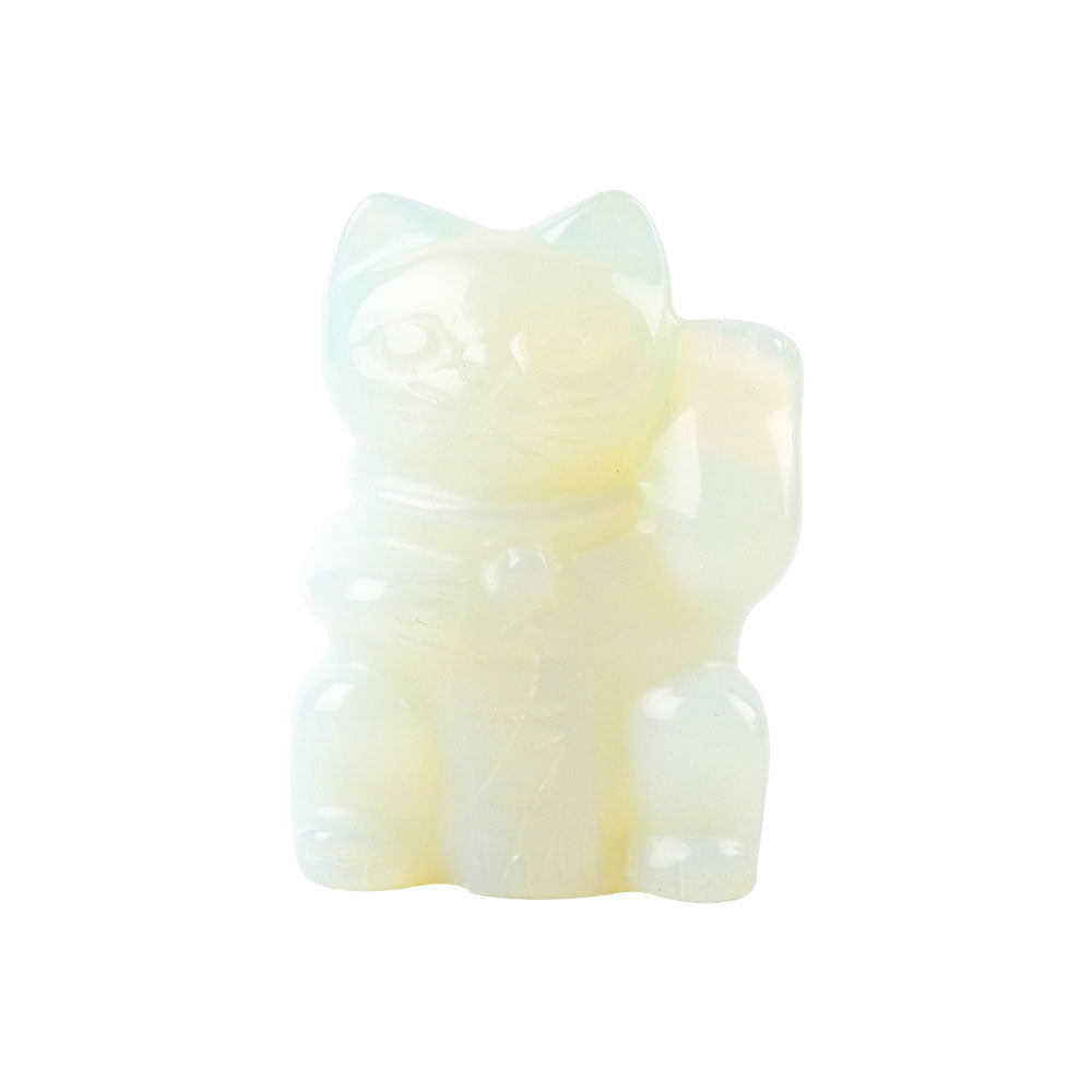 Figurine de chat porte-bonheur sculptée en cristal d'opalite de 2 pouces