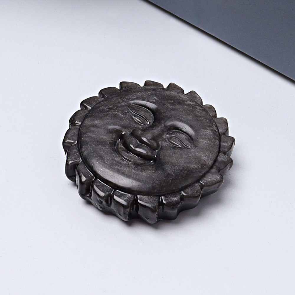2 Inch Silver Obsidian Sun Face Crystal Figurine