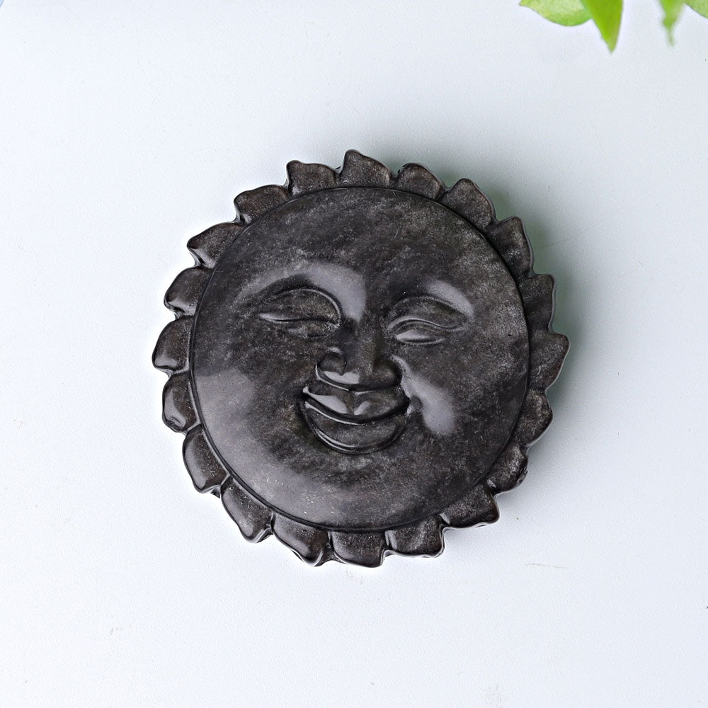 2 Inch Silver Obsidian Sun Face Crystal Figurine