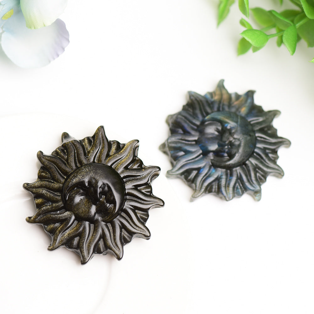 Figurines en cristal Soleil et Lune en labradorite et obsidienne dorée de 5 cm