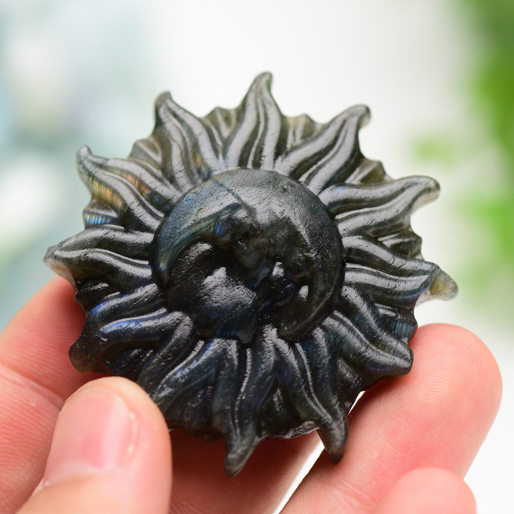 Figurines en cristal Soleil et Lune en labradorite et obsidienne dorée de 5 cm