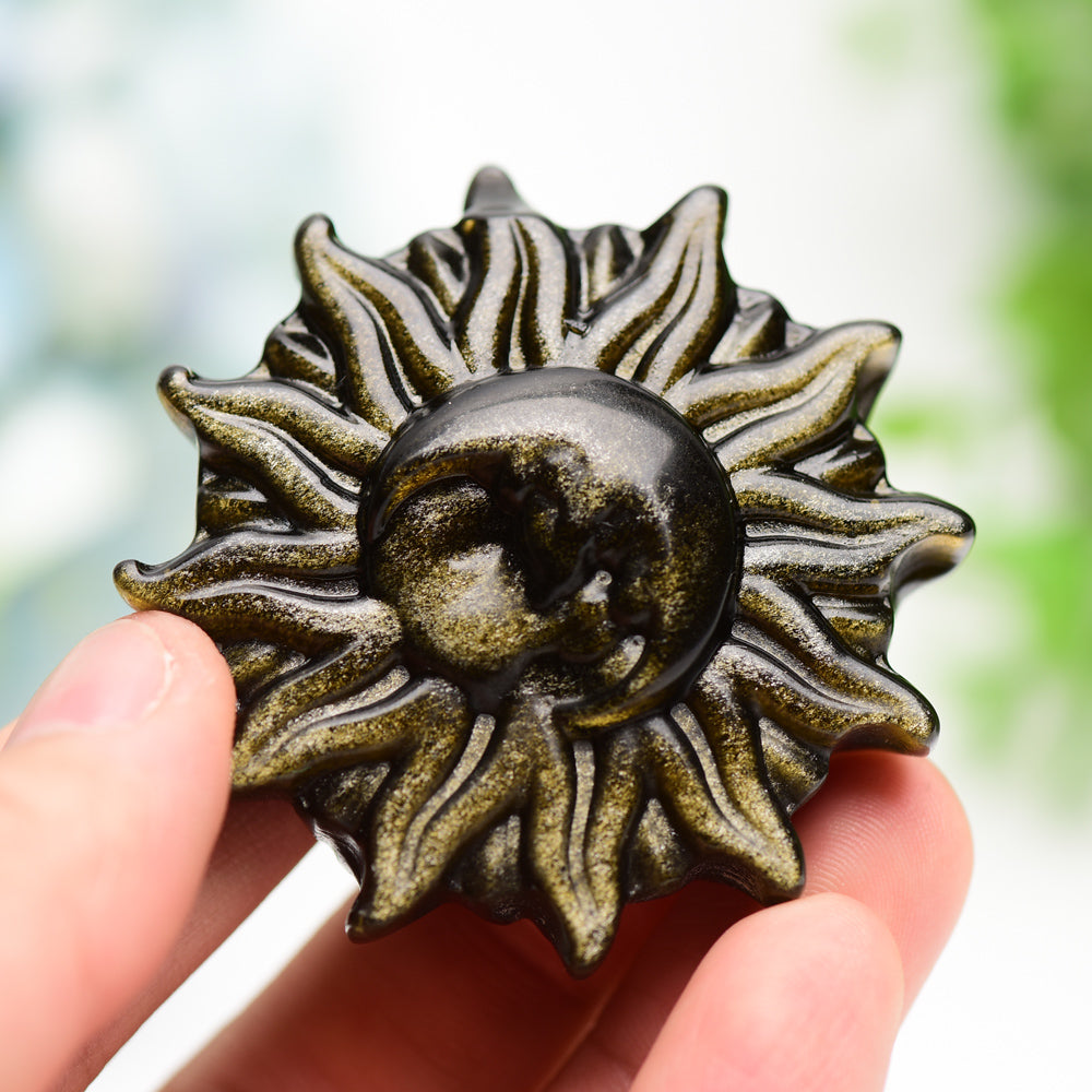 Figurines en cristal Soleil et Lune en labradorite et obsidienne dorée de 5 cm