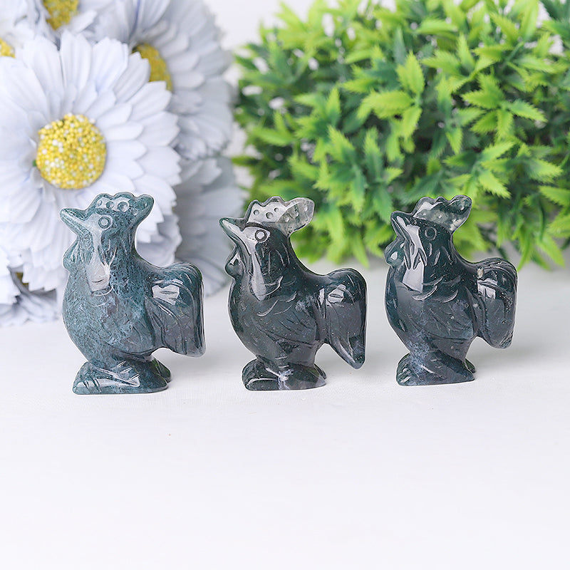 2" Moss Agate Rooster Crystal Figurine for Abundance & Healing