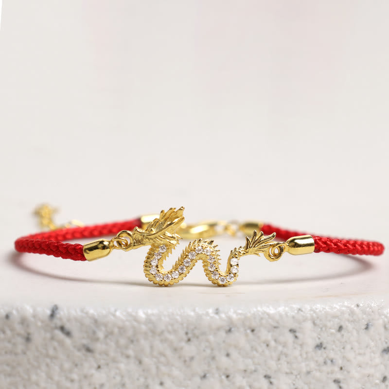 Unisex 925 Sterling Silver Dragon Bracelet with Red Rope & Gold Charm