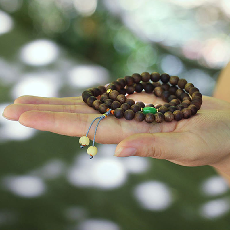 108 Bead Mala Meditation Bracelet with Agarwood Cyan Jade Amber