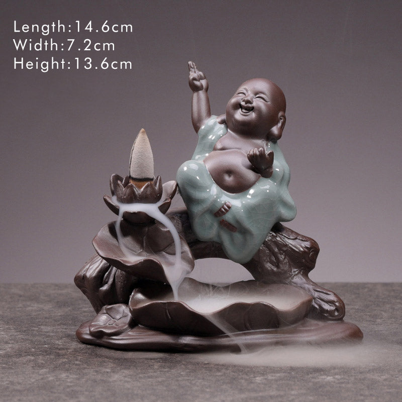 Ceramic Lotus Blessing Incense Burner with Little Monk