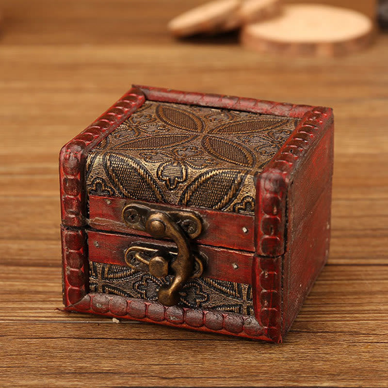 Retro Small Square Wood Jewelry Box with Lotus Design