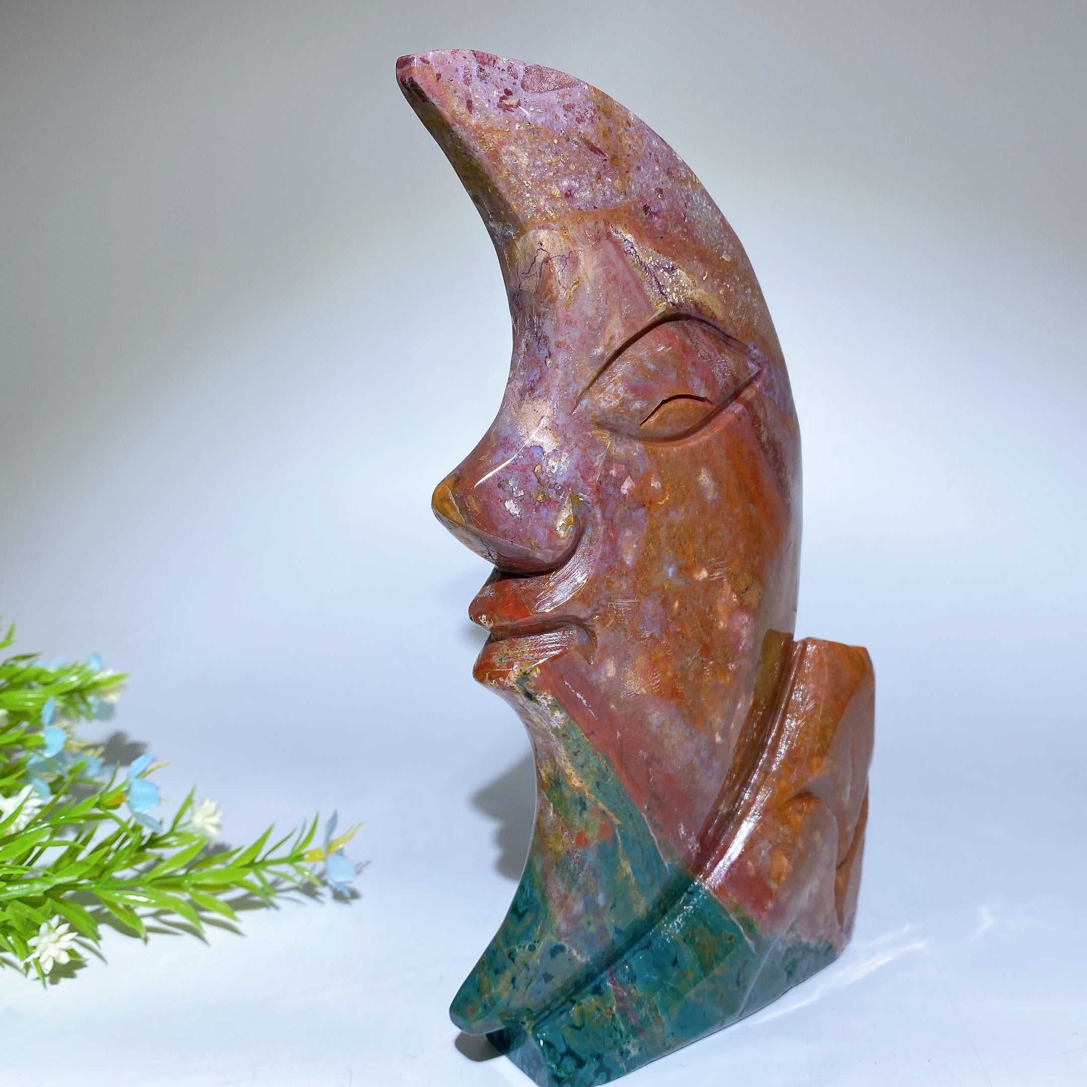 20cm Ocean Jasper Moon Face Crystal Figurine for Healing