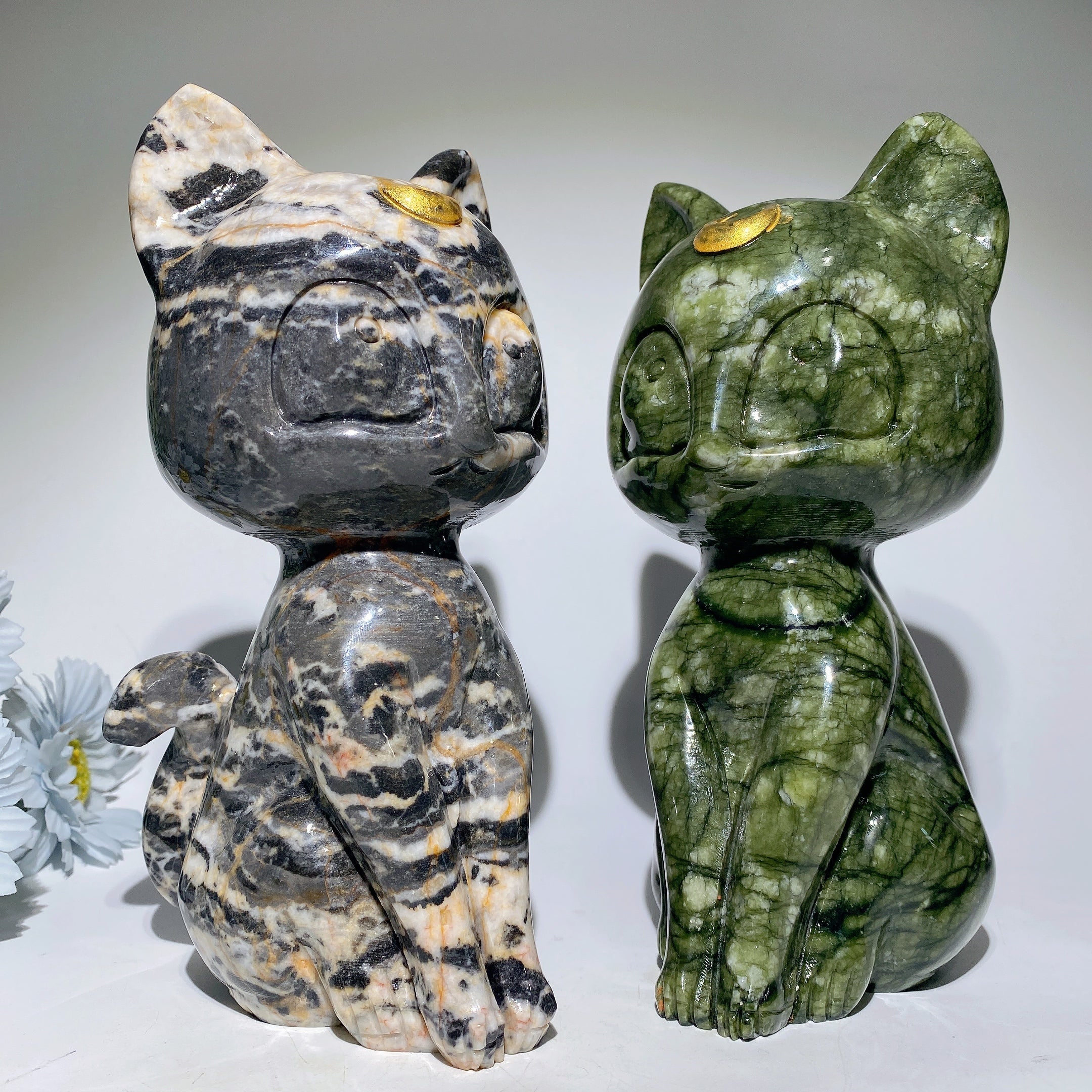 20cm Zebra Jasper and Serpentine Cat Carving Crystal Figurine