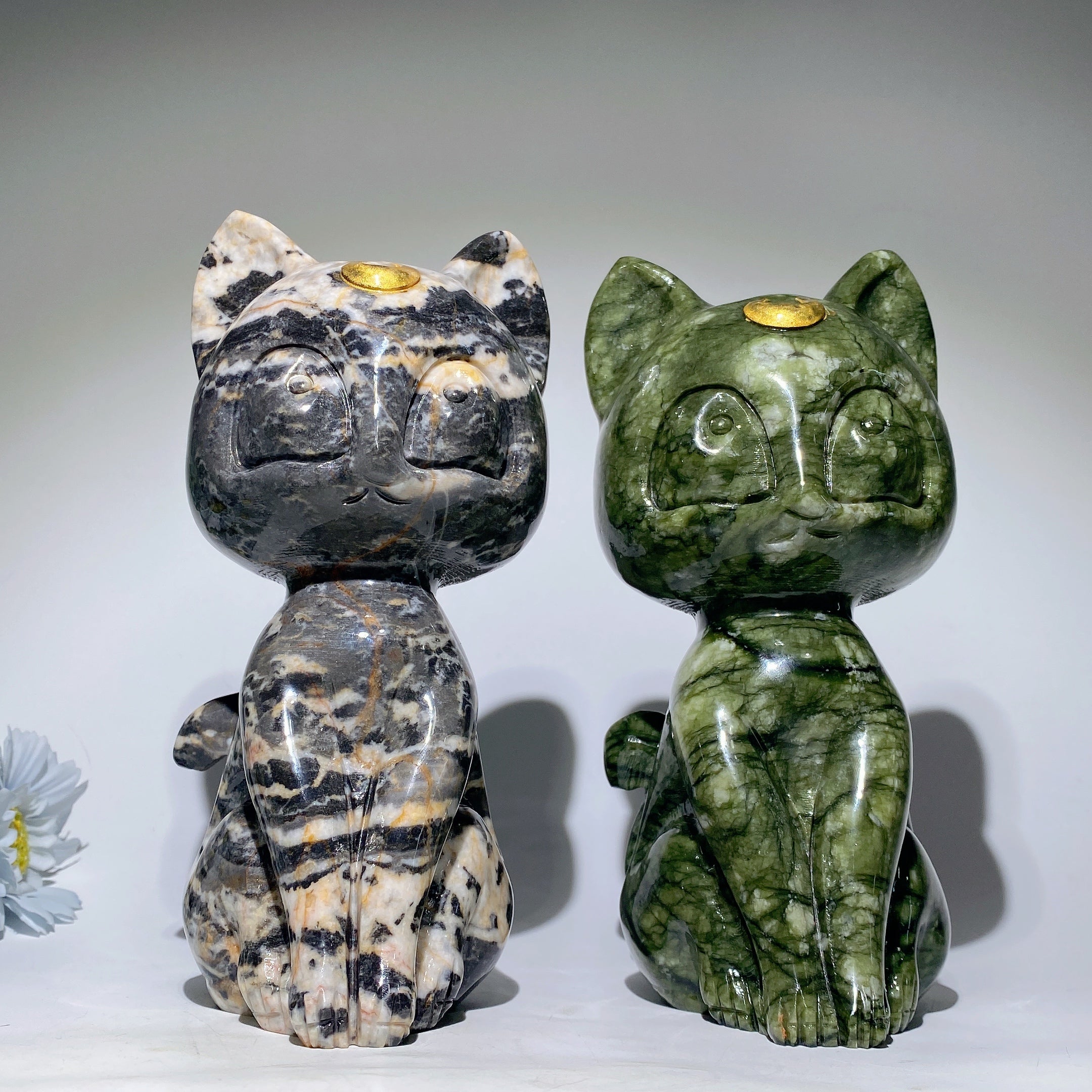 20cm Zebra Jasper and Serpentine Cat Carving Crystal Figurine
