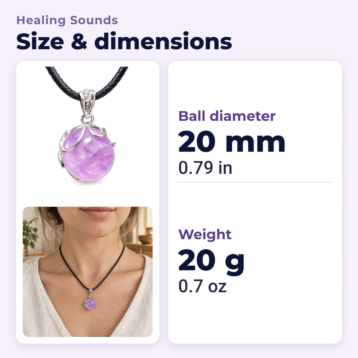 20mm Amethyst Pendant for Spiritual Healing & Meditation, size and dimensions in millimetres and inches