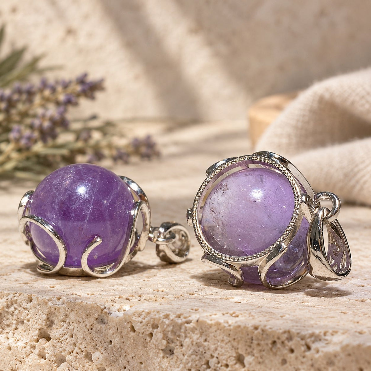 20mm Amethyst Pendant for Spiritual Healing & Meditation, two pendants, one seen from the back-side