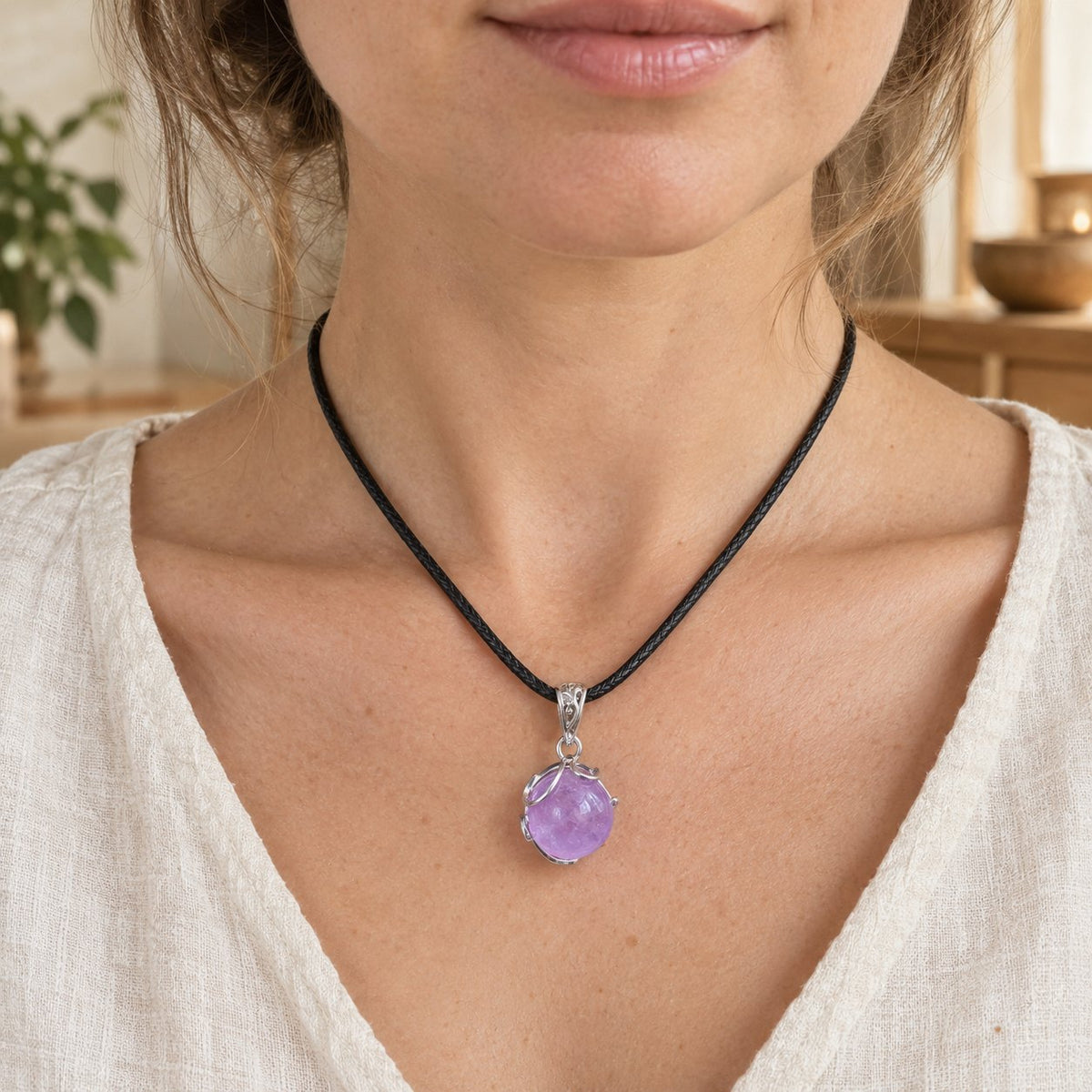 20mm Amethyst Pendant for Spiritual Healing & Meditation, worn on the neck by a woman