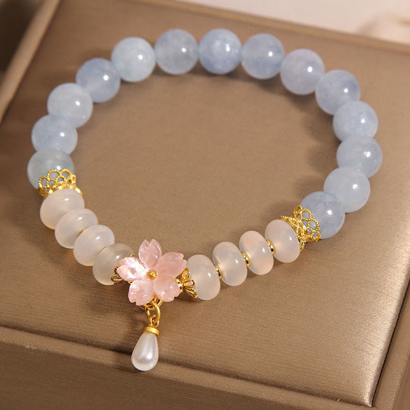 Aquamarine White Agate Flower Healing Bracelet 14cm