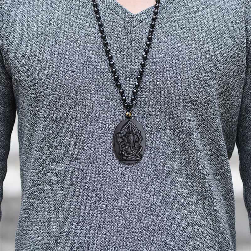 Obsidian Ganesh Elephant Wealth Amulet Necklace 56cm