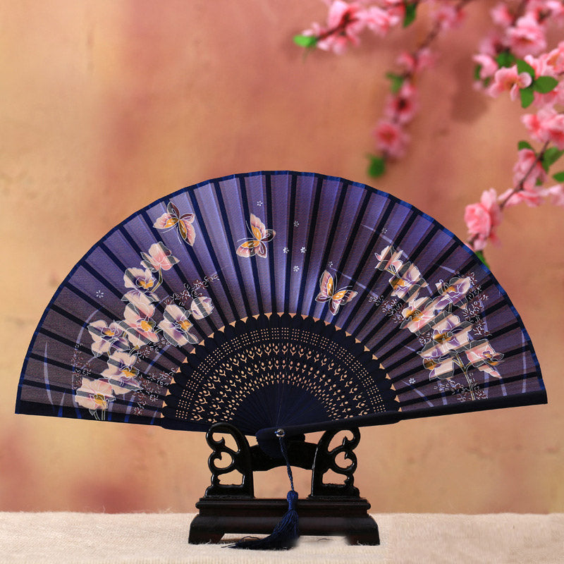 Éventail en bambou 21 cm | Motif cerisiers en fleurs et papillons