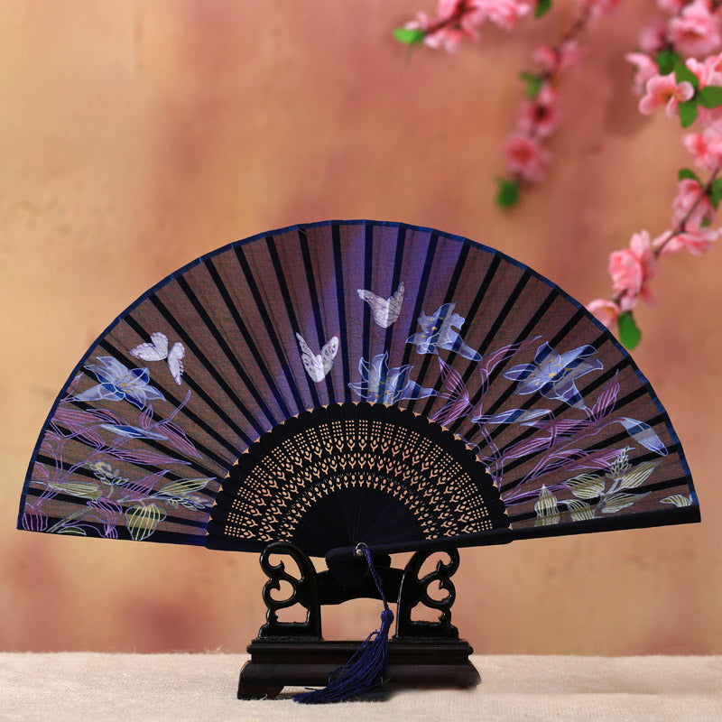 Éventail en bambou 21 cm | Motif cerisiers en fleurs et papillons