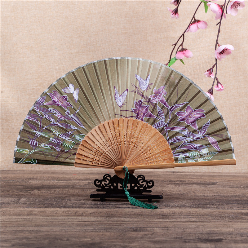 Éventail en bambou 21 cm | Motif cerisiers en fleurs et papillons