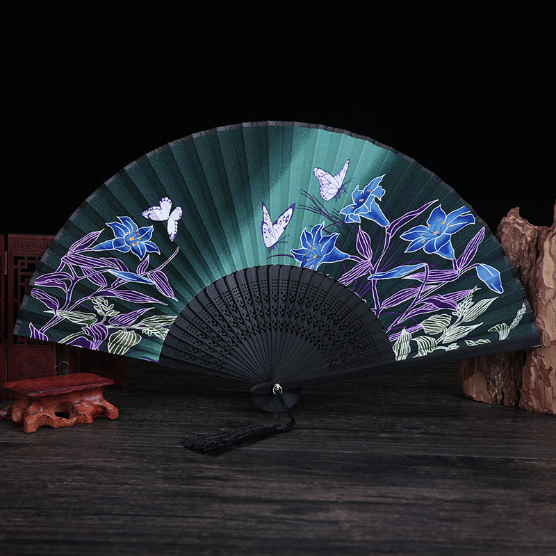 Éventail en bambou 21 cm | Motif cerisiers en fleurs et papillons