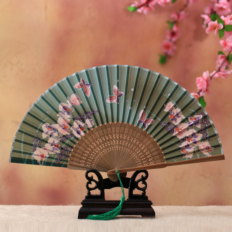 Éventail en bambou 21 cm | Motif cerisiers en fleurs et papillons