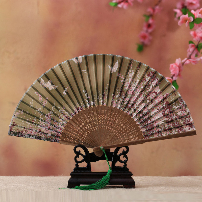 Éventail en bambou 21 cm | Motif cerisiers en fleurs et papillons