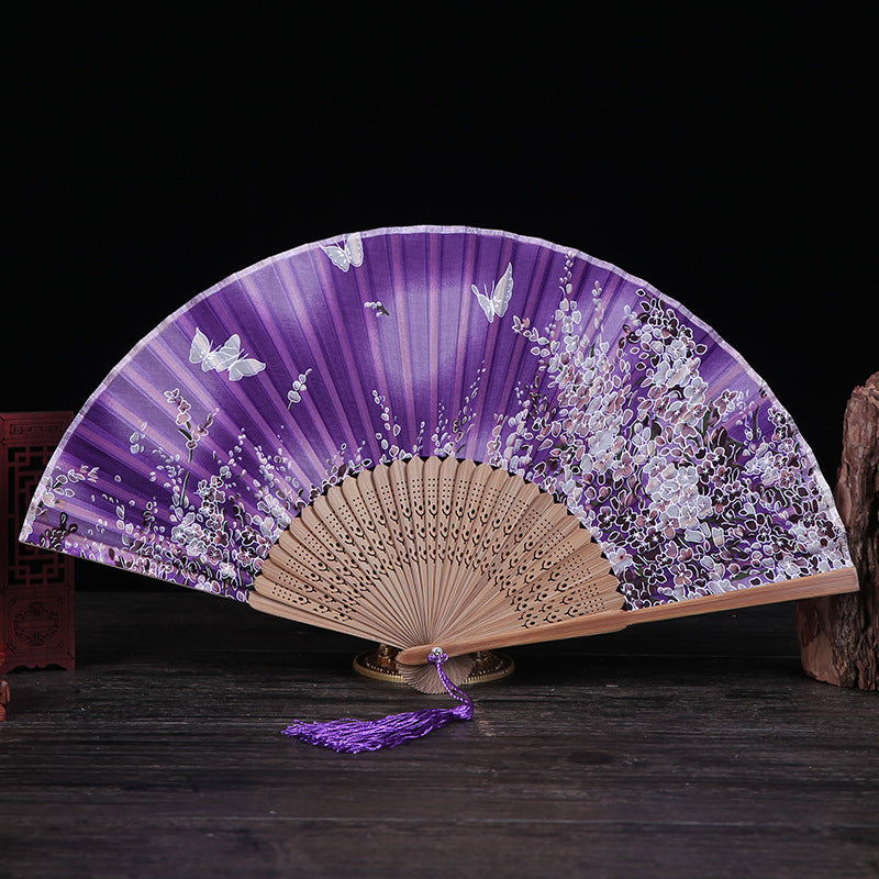 Éventail en bambou 21 cm | Motif cerisiers en fleurs et papillons