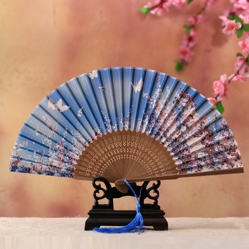 Éventail en bambou 21 cm | Motif cerisiers en fleurs et papillons